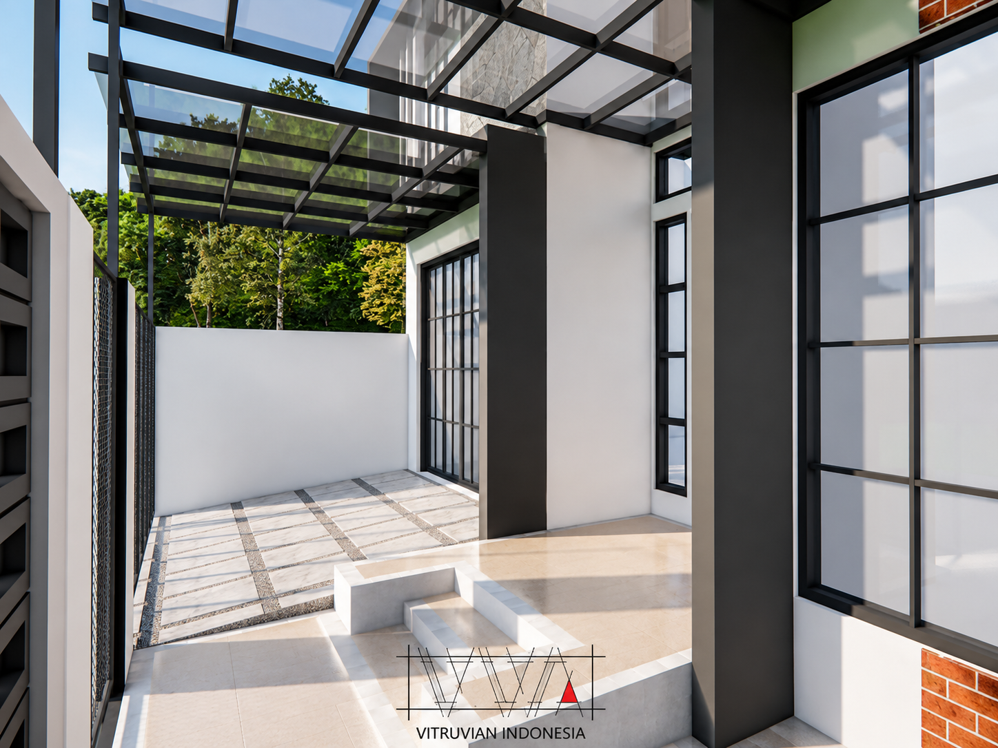Desain area carport rumah modern dengan kanopi transparan dan jalur akses menuju pintu utama.