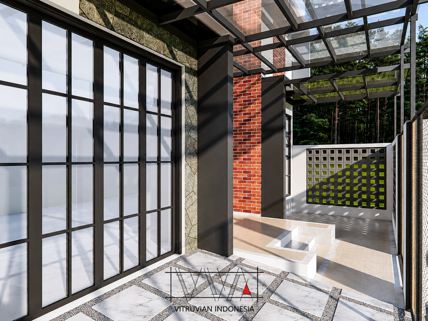 Detail teras rumah modern dengan lantai berpola, kusen aluminium hitam, dan kanopi transparan.