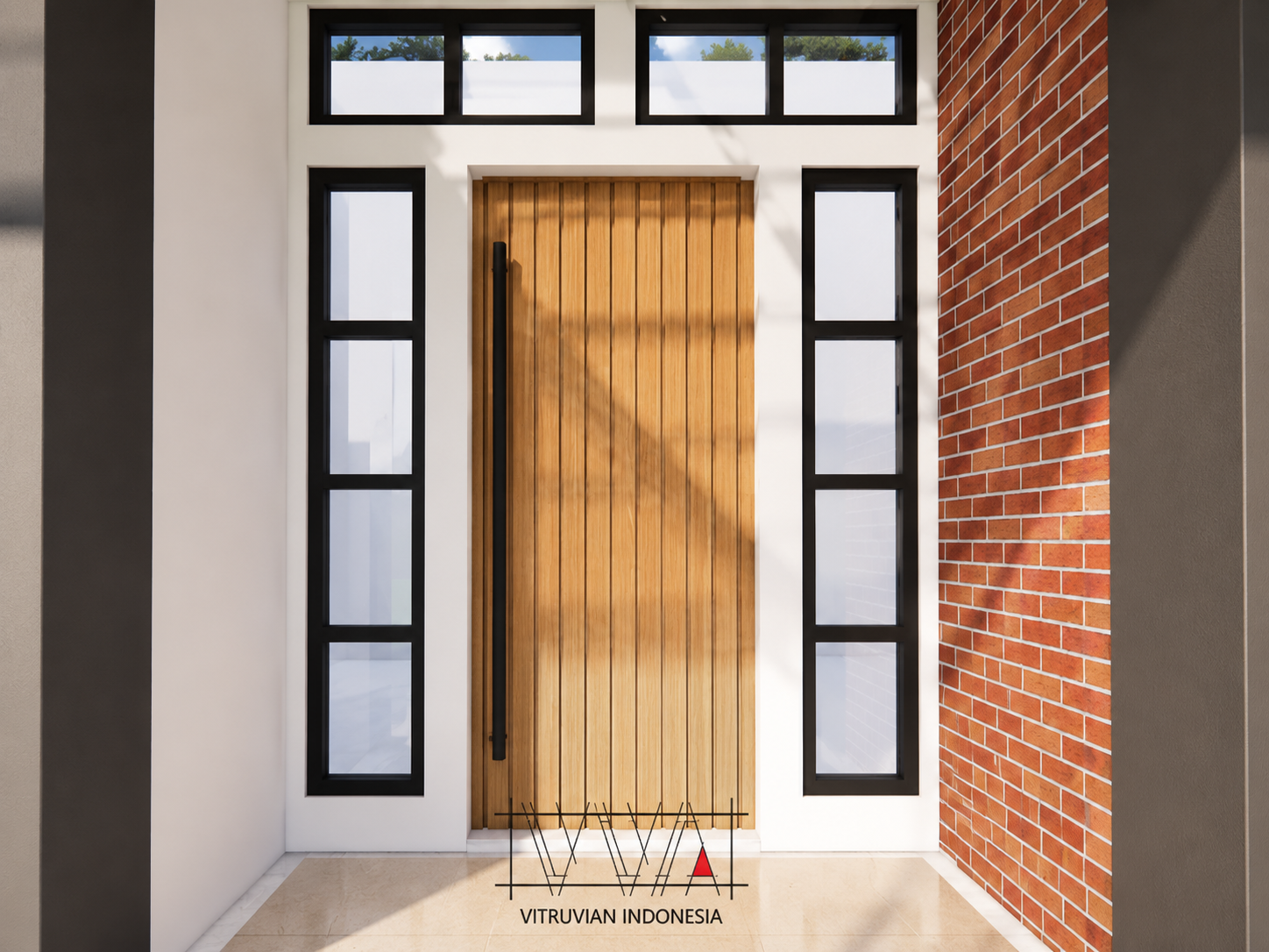 Detail pintu utama rumah modern dengan aksen kayu vertikal pada desain fasad rumah hasil renovasi.