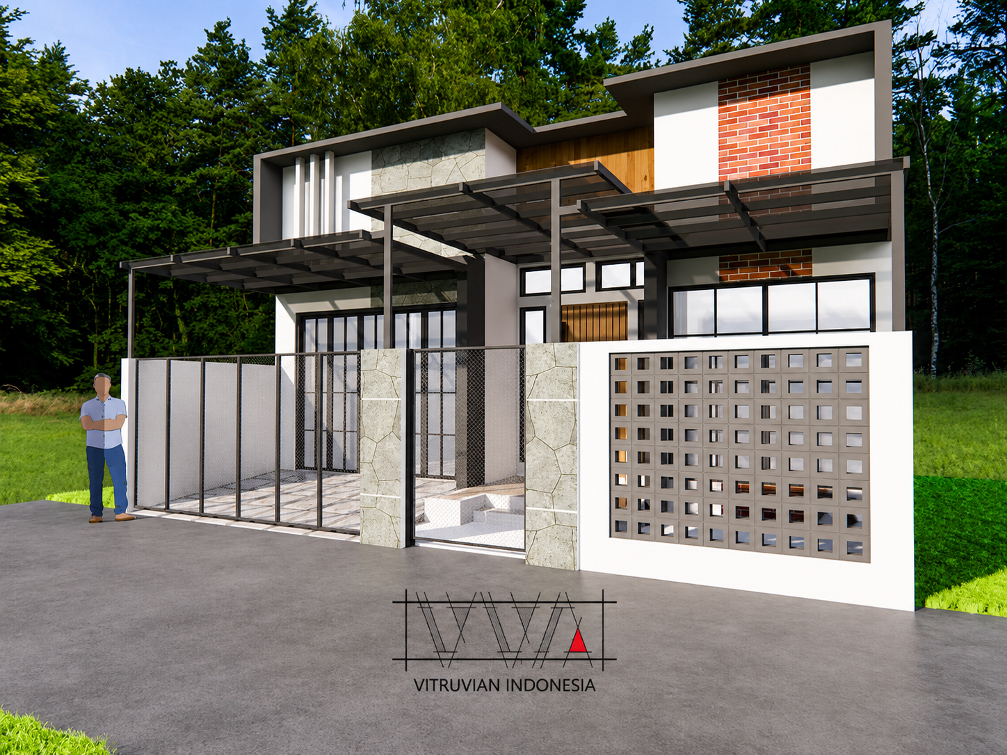 Perspektif kanan desain fasad rumah modern dua lantai untuk proyek renovasi rumah di Tuban Jawa Timur.