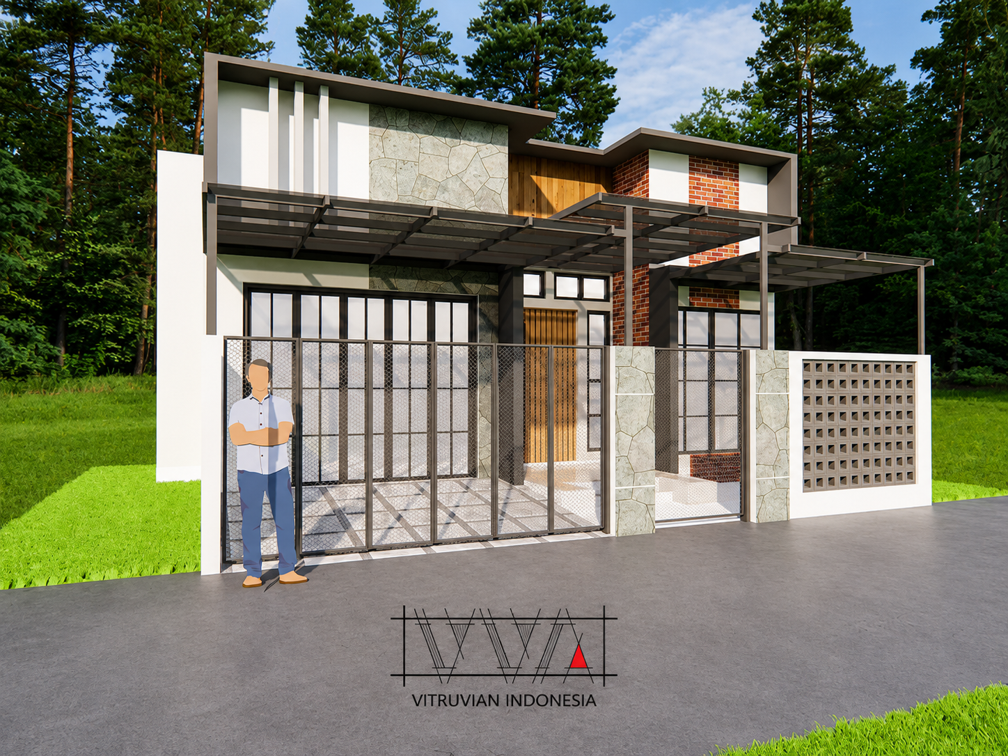 Perspektif kiri desain fasad rumah modern minimalis hasil visualisasi 3D Vitruvian Indonesia.