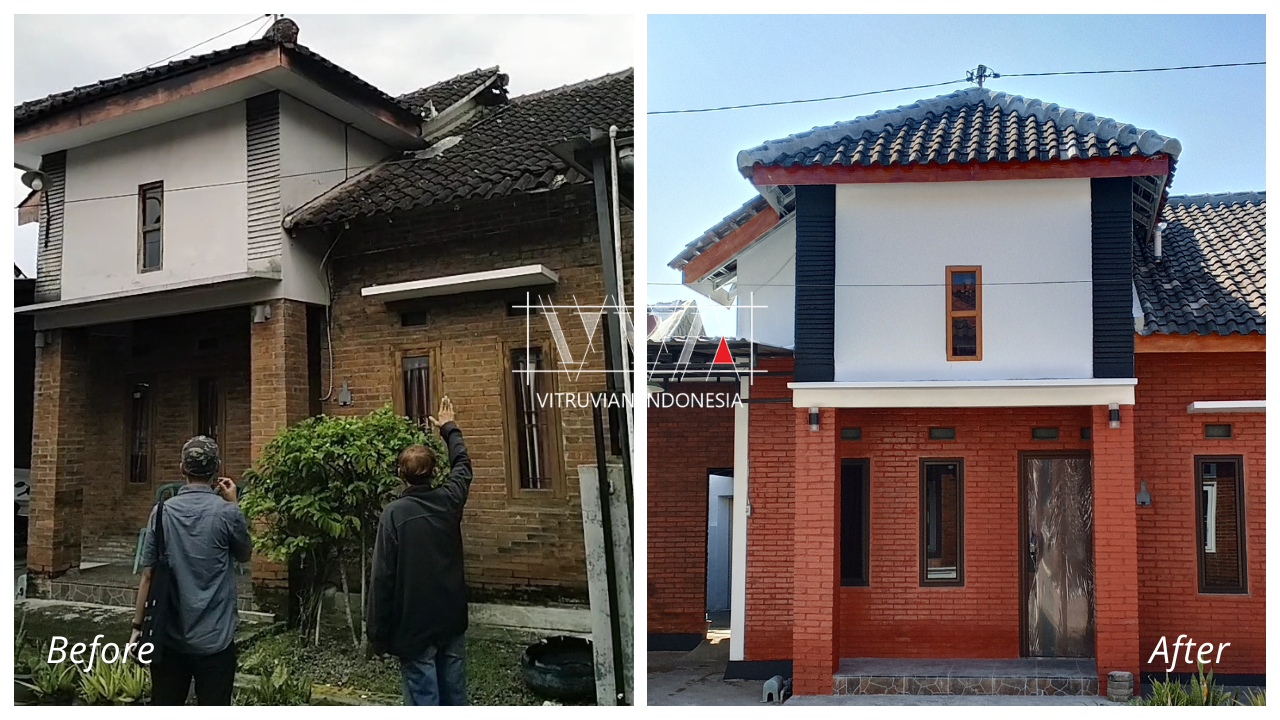 Before dan after fasad rumah setelah renovasi dan pengecatan ulang di Sukoharjo.