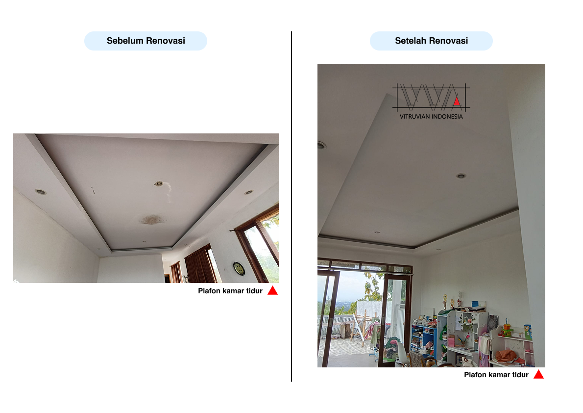 Before dan after plafon kamar tidur yang jamuran dan rembes setelah direnovasi.