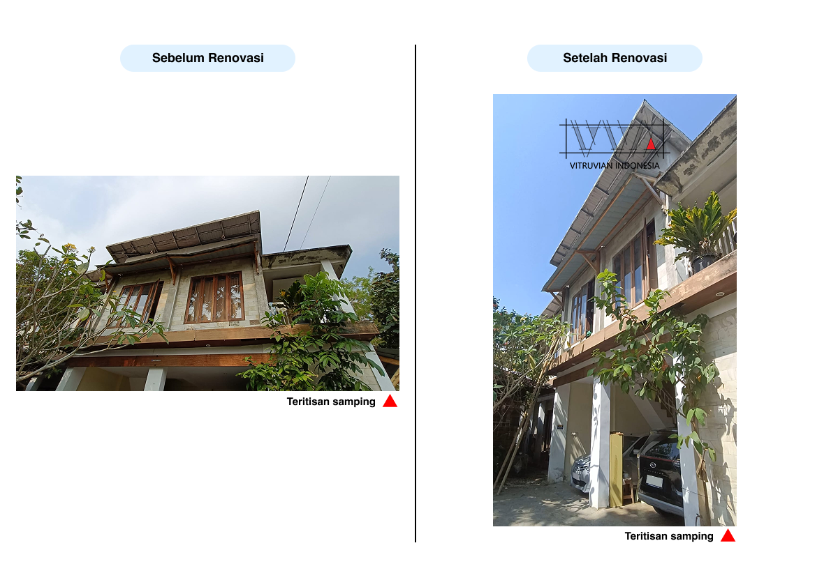 Before dan after teritisan rumah dari tampak bawah setelah penggantian rangka kayu yang lapuk.