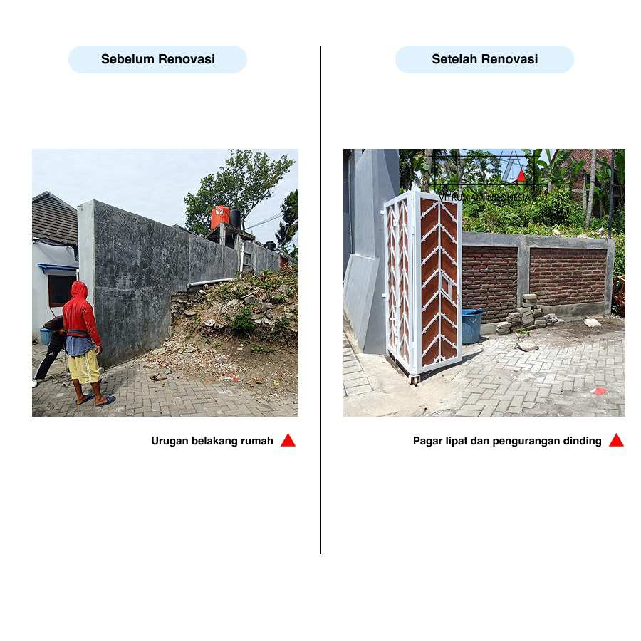 Before dan after pembangunan talud dan penyesuaian pagar untuk mengoptimalkan akses carport rumah di area lereng.