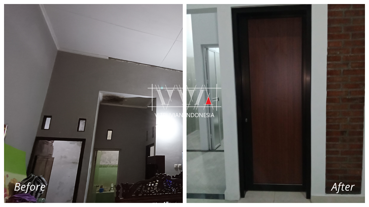 Before dan after kamar depan yang diperluas setelah kamar mandi lama dibongkar pada proyek renovasi rumah di Sukoharjo.