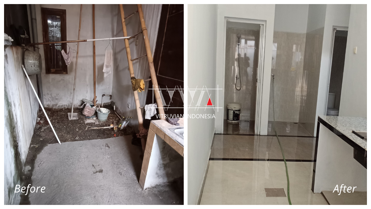 Before dan after kamar belakang yang diubah menjadi dua kamar mandi dan ruang laundry pada renovasi rumah di Sukoharjo.