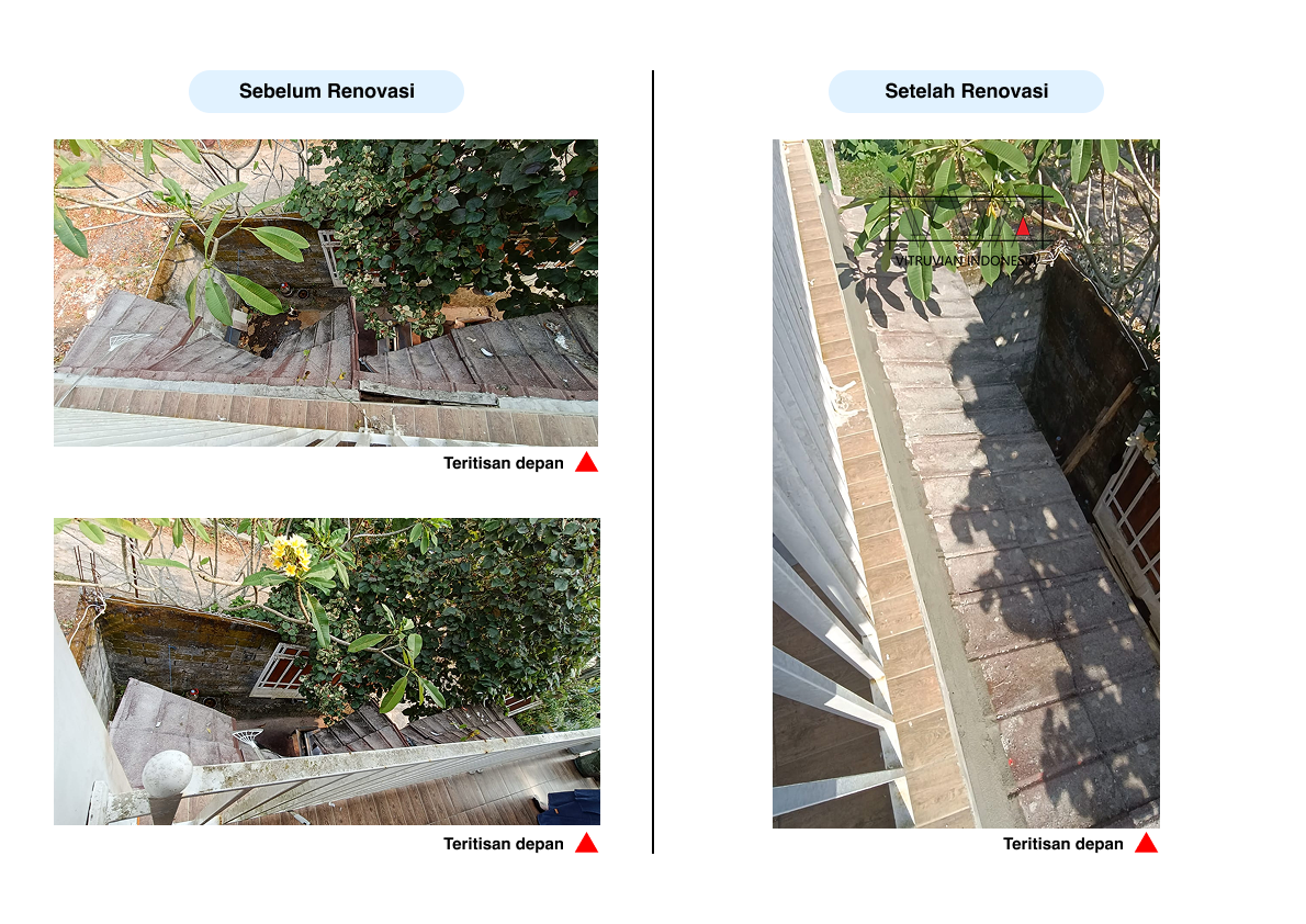 Before dan after rangka teritisan rumah yang diperbaiki karena kayu lapuk dan melengkung akibat usia.