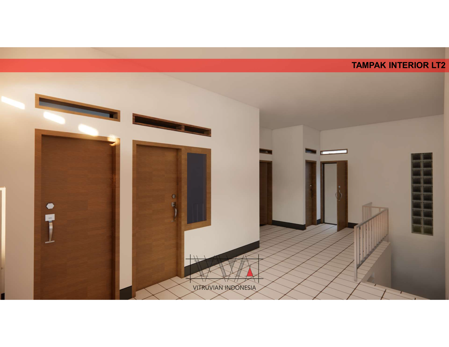 Interior lantai 2 rumah dengan ruang keluarga yang terhubung ke balkon dan tiga kamar tidur di Bekasi.