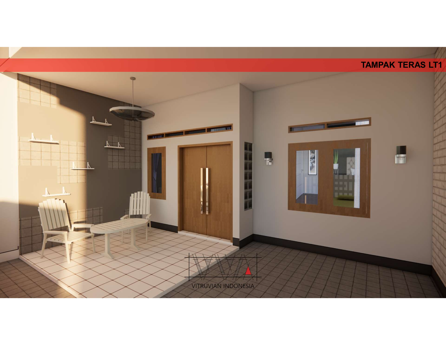 Tampak teras rumah lantai 1 dengan area carport dan akses menuju ruang tamu pada desain rumah 2 lantai di Bekasi.