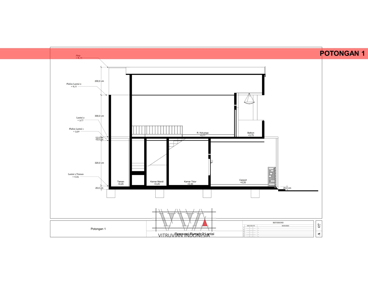 Potongan desain rumah 2 lantai di Bekasi yang menunjukkan pembagian ruang dan void pada bangunan.