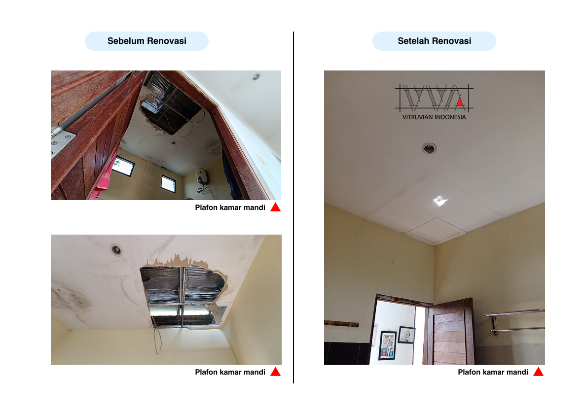 Before dan after plafon kamar mandi yang rusak akibat kebocoran dan rembesan air.